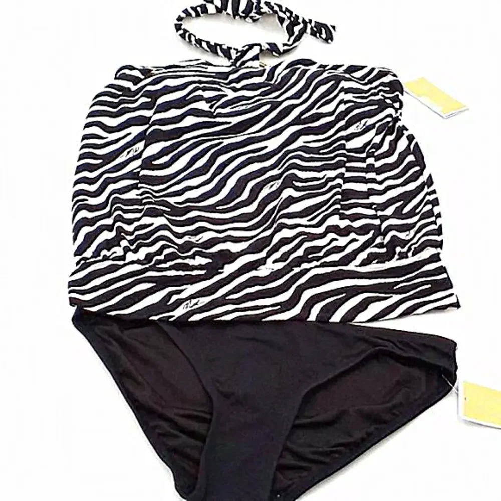 Michael Kors‎ Logo Ring Blouson Underwire Tankini Set Zebra Black S
